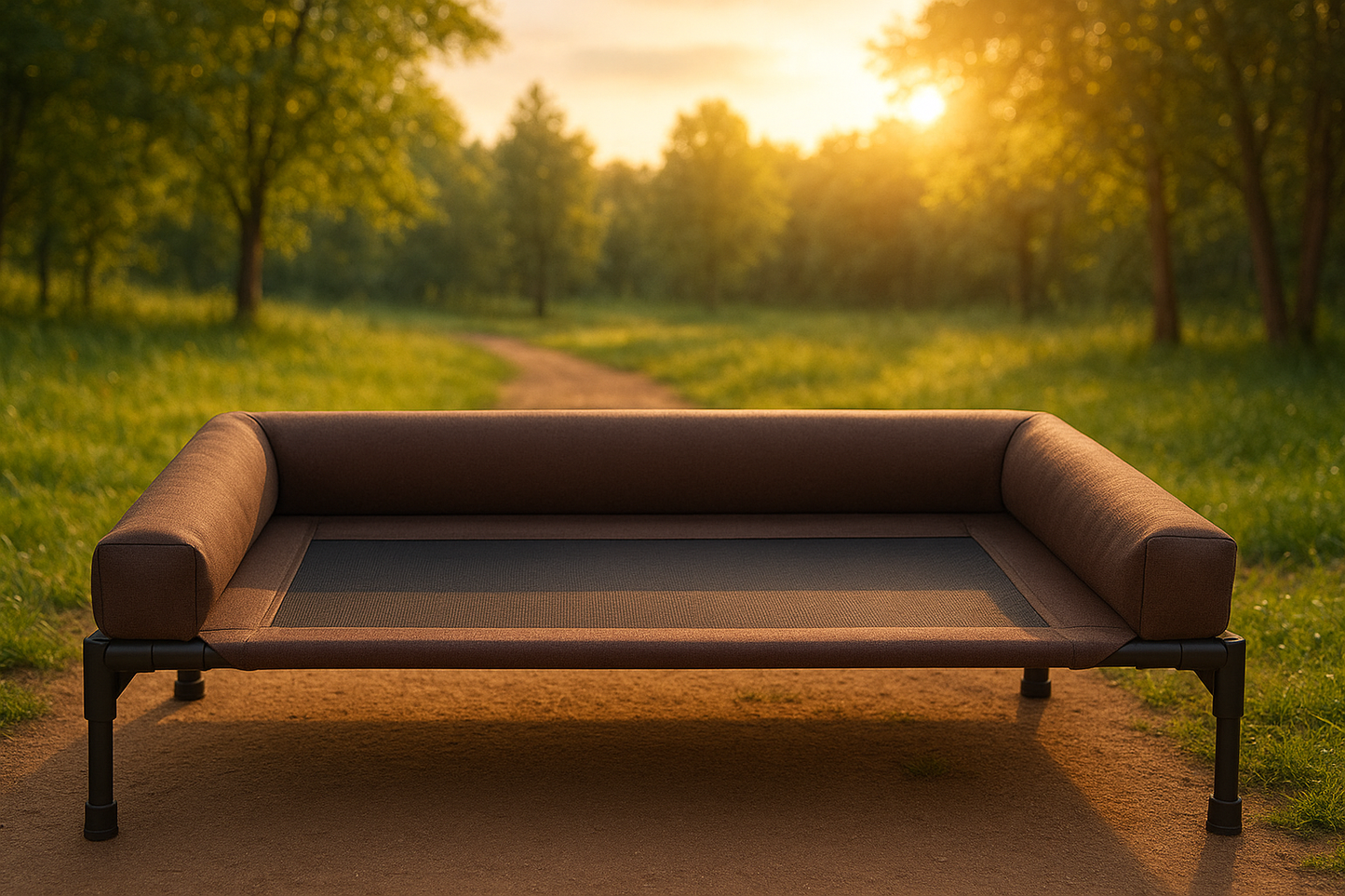 Original Bolster Pet Cot – Elevated Outdoor Dog Bed with Removable Bolsters | Chocolate & Black Mesh