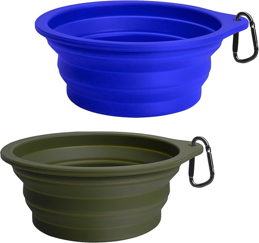 Foldable Silicone Dog Bowls – Travel-Friendly, BPA-Free, with Carabiners (2-Pack, Green & Blue)