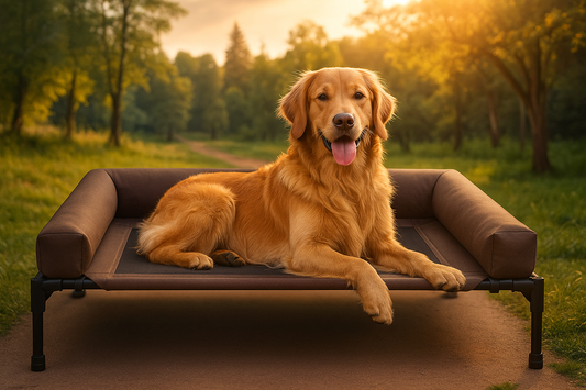 Original Bolster Pet Cot – Elevated Outdoor Dog Bed with Removable Bolsters | Chocolate & Black Mesh